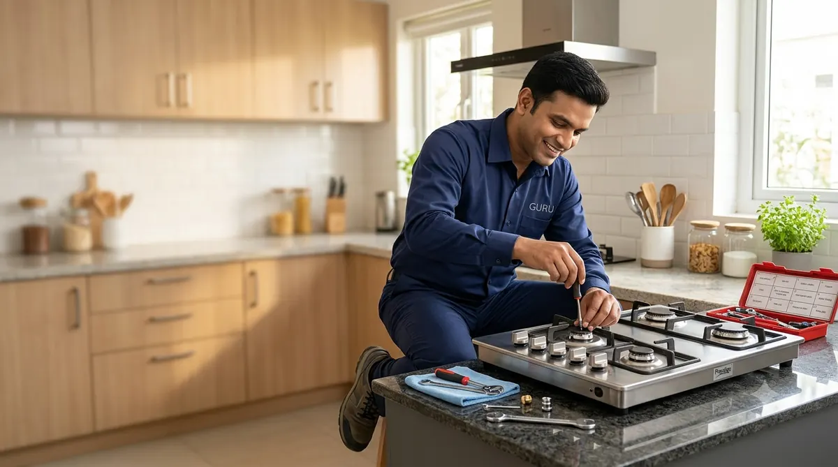 Technician repairing a built-in gas hob burner in a Mohali home