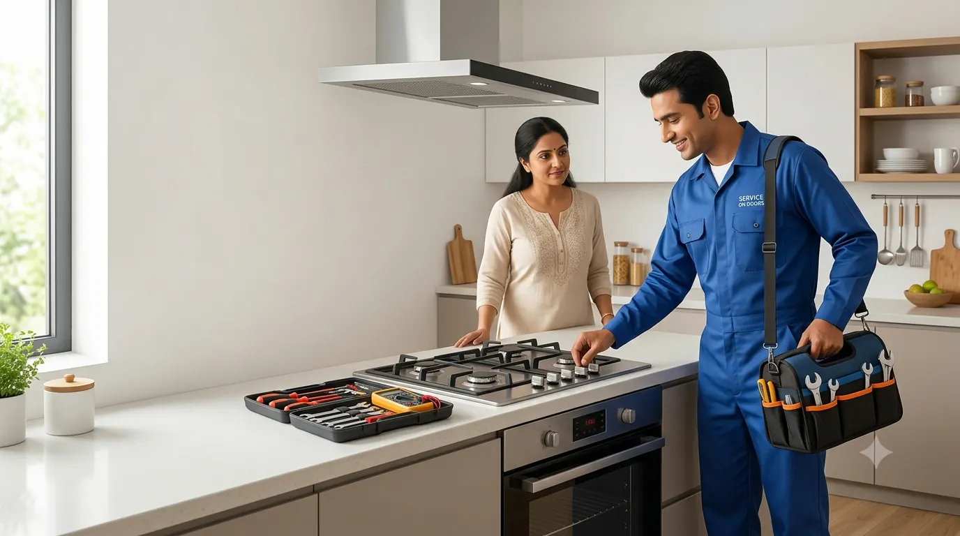 Quick Gas Repair technician checking a gas hob at a customer's home in Chandigarh